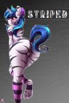  2018 5_toes accessory anthro anus backsack balls big_butt blue_hair blue_tail blush butt clothing cutie_mark darkhazard digital_media_(artwork) equid feet friendship_is_magic girly hair hair_accessory hair_bow hair_ribbon hi_res horn humanoid_feet legwear long_hair looking_at_viewer male mammal my_little_pony ribbons shining_armor_(mlp) solo stripes toes unicorn zebra_domination zebra_supremacy zebradom 