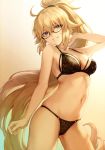  1girl absurdres arm_up bangs bare_shoulders bespectacled black-framed_eyewear blonde_hair blue_eyes blush bra breasts cleavage closed_mouth collarbone eyebrows_visible_through_hair fate/grand_order fate_(series) floral_print glasses gradient gradient_background grin hair_between_eyes hand_up highleg highleg_panties highres jacket jeanne_d&#039;arc_(fate)_(all) jeanne_d&#039;arc_(swimsuit_archer) lace lace-trimmed_bra lace-trimmed_panties large_breasts lingerie long_hair long_sleeves looking_at_viewer mashuu_(neko_no_oyashiro) navel open_mouth panties ponytail scan simple_background skindentation smile solo standing string_bra string_panties thighs underwear underwear_only very_long_hair 