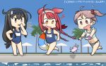  1other 3girls ahoge aqua_bikini asymmetrical_bangs bangs beach_umbrella bikini black_hair blue_hairband blue_sky blue_swimsuit brown_eyes bunny commentary_request dated frilled_bikini frills full_body gradient_sky hair_bobbles hair_flaps hair_ornament hair_ribbon hairband hamu_koutarou hatsushimo_(kantai_collection) highres innertube kantai_collection kawakaze_(kantai_collection) long_hair low-tied_long_hair low_twintails multiple_girls name_tag orange_eyes pink_eyes pink_hair pool poolside purple_scrunchie red_hair remodel_(kantai_collection) ribbon running sazanami_(kantai_collection) school_swimsuit scrunchie short_hair sidelocks sky swimsuit twintails umbrella very_long_hair water whistle whistle_around_neck wrist_scrunchie 