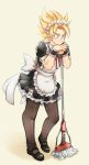  1boy alternate_costume apron ayo_(isy8800) blonde_hair blue_eyes crossdressing dragon_ball dragon_ball_z dress enmaided frilled_apron frilled_dress frills full_body maid maid_headdress male_focus mop pantyhose solo son_gokuu super_saiyan wrist_cuffs 