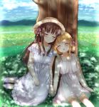  2girls absurdres blonde_hair blue_sky blush brown_hair closed_eyes dress fruits_basket grass hair_ribbon hat highres honda_tooru kazari_s multiple_girls ribbon sandals sitting sky sleeping smile souma_kisa tree white_dress 