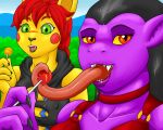  2018 4_fingers 5:4 anthro black_clothing black_hair black_shirt black_topwear blush braided_hair breasts candy cassidy_volt_(swordfox) chiropteran claws clothing collar crobat fanges female fingers food green_eyes hair januspeldragon jillian_(januspeldragon) licking lollipop long_tongue looking_at_viewer mammal mountain nintendo nipple_outline open_mouth orange_eyes pikachu pok&eacute;mon pok&eacute;mon_(species) pok&eacute;morph ponytail red_collar red_hair rodent shirt sky story story_in_description suggestive tattoo teeth tongue tongue_out topwear torn_clothing torn_shirt torn_topwear tree video_games yellow_sclera 