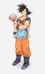  1boy :o apron ayo_(isy8800) black_eyes black_hair blue_footwear boots dougi dragon_ball dragon_ball_super duster full_body male_focus muscle solo son_gokuu waist_apron wristband 