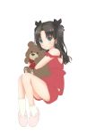  1girl absurdres bangs black_bow black_hair blue_eyes blush bow bowtie breasts child closed_mouth eyebrows_visible_through_hair fate/stay_night fate_(series) full_body hair_bow highres holding holding_stuffed_animal long_hair mikujin_(mikuzin24) red_bow red_neckwear red_shirt red_shorts shiny shiny_hair shirt short_shorts shorts sideboob simple_background sleeveless sleeveless_shirt slippers small_breasts smile socks solo stuffed_animal stuffed_toy teddy_bear toosaka_rin twintails white_background white_legwear younger 