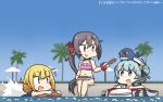  1other 3girls akebono_(kantai_collection) animal animal_on_head beach_umbrella bell bikini black_ribbon blonde_hair blue_hair blue_sky blue_swimsuit commentary_request dated day dixie_cup_hat double_bun fang flower food hair_bell hair_flower hair_ornament hamu_koutarou hat hat_ribbon highres innertube jingle_bell kantai_collection kebab kickboard little_blue_whale_(kantai_collection) long_hair low_twintails military_hat multiple_girls on_head open_mouth outdoors palm_tree pink_bikini poolside purple_eyes purple_hair ribbon samuel_b._roberts_(kantai_collection) satsuki_(kantai_collection) school_swimsuit short_hair side_ponytail skin_fang sky sunglasses swimsuit tree twintails umbrella very_long_hair whale white_headwear x_navel yellow_eyes 