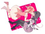  2girls akemi_homura argyle argyle_legwear black_hair black_hairband black_legwear bubble_skirt closed_eyes commentary dutch_angle floating floating_hair full_body gloves hair_ribbon hairband holding_hands interlocked_fingers kaname_madoka kiss kiss_day long_hair mahou_shoujo_madoka_magica multiple_girls pc_(z_yu) pink_background pink_footwear pink_hair pink_ribbon pleated_skirt profile puffy_short_sleeves puffy_sleeves purple_skirt ribbon shiny shiny_hair short_sleeves short_twintails simple_background skirt socks sparkle sparkle_background twintails two-tone_background white_background white_gloves white_legwear yuri 