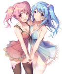  2girls :d absurdres asymmetrical_docking babydoll bang_dream! bangs black_legwear black_neckwear blue_babydoll blue_hair blush bow breast_press breasts cameltoe cleavage collarbone flower frilled_babydoll frills hair_flower hair_ornament highres holding_hands lace lace-trimmed_legwear long_hair looking_at_viewer maruyama_aya matsubara_kanon medium_breasts multiple_girls nasudora neck_ribbon one_side_up open_mouth panties pink_bow pink_eyes pink_hair purple_eyes red_babydoll ribbon see-through simple_background smile thighhighs twintails underwear wavy_mouth white_background white_legwear white_panties 