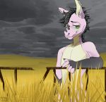  5_fingers anthro black_hair claws dragon ear_piercing fingers green_eyes hair horn just_gray-x landscape male nude piercing pink_skin smile solo yellow_skin 