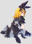  1girl alternate_costume animal_ears annoyed apron back black_dress black_footwear black_ribbon blonde_hair blue_eyes blush bow bunny_ears bunny_tail clenched_teeth dress embarrassed enmaided eyelashes frilled_hairband frills grey_background hair_bow hair_ornament hairband hairclip highres kagamine_rin looking_at_viewer looking_back maid maid_apron maid_headdress ribbon sailor_collar short_hair short_sleeves sitting solo sweatdrop tail teeth turning_head v-shaped_eyebrows vocaloid wariza white_legwear yamada_ichi 