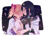  2girls akemi_homura bangs black_dress black_hair black_hairband blurry blush bokeh capelet choker commentary dark_background depth_of_field dress expressionless eye_contact eyebrows_visible_through_hair flat_chest gloves hair_ribbon hairband imminent_kiss kaname_madoka long_hair looking_at_another mahou_shoujo_madoka_magica multiple_girls night night_sky parted_lips pc_(z_yu) pink_choker pink_eyes pink_hair pink_neckwear pink_ribbon profile puffy_short_sleeves puffy_sleeves purple_eyes ribbon short_sleeves short_twintails simple_background sky star_(sky) starry_sky symbol_commentary twintails upper_body white_background white_gloves yuri 