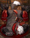  5_fingers 5_toes accessory balls blush brown_fur canid canine canis detailed_background domestic_dog drks fingers fur hair headband hi_res humanoid_hands male mammal nipples pawpads penis red_eyes scaf scar scrolls solo tadatomo toes tokyo_afterschool_summoners video_games white_hair yellow_sclera 