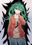 1girl absurdres bra_strap cowboy_shot earrings eyewear_on_head frown green_eyes green_hair hand_on_own_neck hatsune_miku highres jacket jewelry maomao_zaici pants solo suna_no_wakusei_(vocaloid) sunglasses twintails vocaloid 