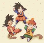  3boys arm_up ayo_(isy8800) chinese_clothes dougi dragon_ball dragon_ball_(classic) dragon_ball_(object) dragon_ball_z hat male_focus monkey_tail multiple_boys open_mouth power_pole smile son_gohan son_gokuu son_goten tail time_paradox 