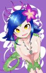  2019 animal_humanoid areola bent_over big_breasts blue_hair breasts chameleon_humanoid digital_media_(artwork) female flower gloves_(marking) hair hi_res humanoid jewelry league_of_legends lizard_humanoid lizard_tail looking_at_viewer mammal markings necklace neeko_(lol) nipples nude open_mouth oracle_lens_(ｵﾗｸﾙﾚﾝｽﾞ) plant reptile reptile_humanoid riot_games scalie scalie_humanoid simple_background smile solo video_games yellow_eyes 