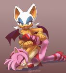  absurd_res amy_rose bikini breast_squish breasts chiropteran clothing eulipotyphlan eyes_closed female footwear hedgehog hi_res high_heels jewelry mammal nancher rouge_the_bat shoes simple_background smile sonic_(series) squish swimwear wings wrestling 