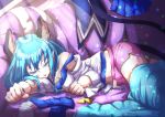  1girl animal_ear_fluff animal_ears blue_hair cat_ears cat_tail closed_eyes hair_between_eyes highres indoors lens_flare long_hair long_sleeves lying midriff navel off_shoulder on_side parted_lips pink_shorts precure precure_cure_moonlight shirt short_shorts shorts sketch sleeping solo star_twinkle_precure stomach sunlight tail white_shirt yuni_(precure) 