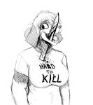  2019 anthro blood bodily_fluids canid canine canis clothing domestic_dog english_text female front_view gore hi_res hladilnik knife mammal military open_mouth samantha_thott shirt simple_background standing t-shirt text topwear white_background wounded 
