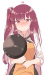  1girl apron bangs black_dress blush breasts brown_apron closed_mouth collared_shirt commentary dress eyebrows_visible_through_hair frying_pan girls_frontline hair_ribbon highres holding long_hair long_sleeves looking_at_viewer medium_breasts nose_blush one_eye_closed red_eyes red_hair red_neckwear red_ribbon ribbon shirt simple_background sleeveless sleeveless_dress sleeves_pushed_up solo tosyeo very_long_hair wa2000_(girls_frontline) white_background white_shirt 