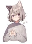  1girl animal_ear_fluff animal_ears bangs blush cat_ears cat_girl closed_mouth commentary_request cropped_torso elbow_gloves eyebrows_visible_through_hair gloves grey_hair grey_sweater long_sleeves looking_back open_mouth original paws purple_hair short_sleeves shugao solo sweater upper_body 