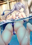 1girl ass back bangs bare_shoulders barefoot blue_eyes blue_swimsuit blurry blurry_background blush bubble competition_swimsuit from_behind gentsuki grey_hair highres indoors kimi_omou_koi kuroe_(kimi_omou_koi) long_hair looking_back one-piece_swimsuit original partially_submerged partially_visible_vulva pool shoulder_blades sidelocks solo swimsuit twintails wet 