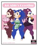  2019 absurd_res animal_crossing apron blue_fur breasts butt clothing clothing_lift cover dress dress_lift eulipotyphlan eyelashes eyeshadow female fur group half-closed_eyes hedgehog hi_res invalid_tag labelle_able mabel_able makeup mammal mehdrawings nintendo one_eye_closed purple_fur red_fur sable_able scarf short_stack signature smile standing text thick_thighs video_games wink 