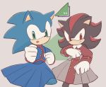  anthro black_fur blue_clothing blue_dress blue_fur blush buke3jp clothed clothing crossdressing dress duo eulipotyphlan fist fur gloves green_eyes handwear hedgehog male mammal pink_background red_clothing red_dress red_eyes red_fur shadow_the_hedgehog simple_background sonic_(series) sonic_the_hedgehog standing 