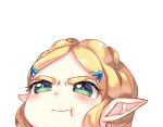 1girl :t angry_dog_noises blush braid commentary face green_eyes hair_ornament hairclip lazoomaiga mixed-language_commentary pointy_ears princess_zelda short_hair sidelocks solo the_legend_of_zelda the_legend_of_zelda:_breath_of_the_wild the_legend_of_zelda:_breath_of_the_wild_2 thick_eyebrows transparent_background twitter_username v-shaped_eyebrows wavy_mouth 