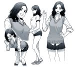  1girl breasts cardigan_vest cropped_legs graphite_(medium) hand_on_hip hand_on_own_knee kneehighs leaning_forward legs lips long_hair mechanical_pencil monochrome multiple_views open_mouth original pencil pleated_skirt shirt shoes short_hair short_shorts short_sleeves shorts side_slit skirt sneakers traditional_media yanagida_fumita 