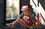  1girl ascot blonde_hair broken broken_glass broken_window dated flandre_scarlet frilled_skirt frills furahata_gen glass half-closed_eyes hat highres holding holding_stuffed_animal holding_toy indoors knees_together_feet_apart looking_down medium_hair mob_cap one_side_up plant pointy_ears puffy_short_sleeves puffy_sleeves red_eyes red_skirt red_vest shirt short_sleeves sidelocks signature skirt solo stuffed_animal stuffed_bunny stuffed_toy stuffing sunlight teddy_bear torn touhou vest white_shirt wings yellow_neckwear 