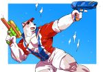  2019 anthro border canid canine clothing digital_media_(artwork) fur hi_res holding_object kemono male mammal muscular muscular_male pecs playing simple_background solo syukapong white_border 