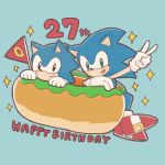  1:1 anthro birthday black_eyes blue_fur buke3jp clothing duo english_text eulipotyphlan flag food footwear fur gesture giant_food gloves green_eyes handwear happy hedgehog hi_res hot_dog male mammal open_mouth open_smile shoes smile sonic_(series) sonic_the_hedgehog sparkles square_crossover text v_sign 