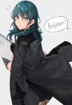  1girl absurdres blue_eyes blue_hair byleth_(fire_emblem) byleth_(fire_emblem)_(female) fire_emblem fire_emblem:_three_houses from_side grey_background highres looking_back medium_hair oretsuu parted_lips simple_background solo twitter_username 