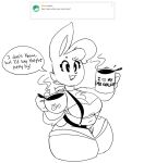  2019 anthro ask_blog belly belt beverage big_breasts black_and_white bottomwear breasts carol_(meirdent) cleavage clothed clothing crop_top cup dialogue english_text eyelashes female hair hi_res holding_object lagomorph leporid mammal meirdent midriff monochrome navel rabbit shirt shorts smile solo speech_bubble standing straps text thick_thighs topwear wide_hips 