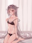  1girl azur_lane bangs bare_arms bare_legs bare_shoulders barefoot black_bra black_panties blush bow bow_bra bow_panties bra breasts cleavage closed_mouth collarbone commentary_request curtains grey_hair highres indoors long_hair looking_at_viewer medium_breasts montpelier_(azur_lane) navel on_bed panties red_eyes shokoori sidelocks sitting sitting_on_bed solo stomach strap_slip underwear very_long_hair wariza 