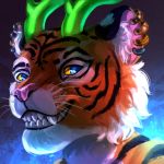  1:1 2019 anthro black_stripes blue_eyes digital_media_(artwork) eri-yo felid fur headshot_portrait mammal orange_fur pantherine pink_nose portrait smile striped_fur stripes teeth tiger whiskers white_fur yellow_sclera 