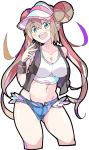  1girl :d blue_eyes blush breasts brown_eyes cleavage cosplay crop_top double_bun enpe hair_bun highres low_twintails mei_(pokemon) midriff navel open_mouth pokemon pokemon_(game) pokemon_bw pokemon_bw2 short_shorts shorts smile solo touko_(pokemon) touko_(pokemon)_(cosplay) twintails vest visor_cap 