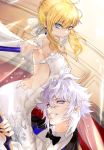  1boy 1girl armpits artoria_pendragon_(all) backless_dress backless_outfit black_neckwear blonde_hair blue_eyes bow braid braided_bun breasts carrying cleavage collared_shirt dress dress_shirt dutch_angle earrings elbow_gloves eyebrows_visible_through_hair fate_(series) gloves grin hair_between_eyes hair_bow holding jewelry looking_at_viewer medium_breasts merlin_(fate) pink_eyes pointy_ears pvc_parfait saber shirt short_hair_with_long_locks sideboob sidelocks silver_hair sleeveless sleeveless_dress smile strapless strapless_dress twitter_username white_bow white_dress white_gloves white_shirt wing_collar 