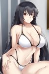  1girl absurdres aslindsamure bangs bare_shoulders bikini black_hair blush breasts cleavage closed_mouth collarbone commentary hair_between_eyes highres kantai_collection large_breasts long_hair looking_at_viewer multi-strapped_bikini nagato_(kantai_collection) navel paid_reward patreon_reward red_eyes smile solo swimsuit thighs white_bikini 