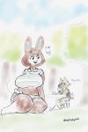  animal_crossing anthro blush breasts canid canine canis carmen_(animal_crossing) clothed clothing duo female fur hair hi_res ivelischpfuli kyle_(animal_crossing) lagomorph larger_female leporid macro male mammal nintendo open_mouth rabbit simple_background size_difference tailwag teeth video_games wolf 