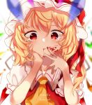 1girl ascot bangs blonde_hair blood blood_from_mouth blood_on_face bloody_hands blurry blurry_background blush character_name chin_rest commentary crying crying_with_eyes_open crystal depth_of_field flandre_scarlet frilled_shirt_collar frilled_sleeves frills hand_on_own_cheek hands_up hat head_on_hand hyaku_paasento looking_at_viewer medium_hair mob_cap one_side_up parted_lips puffy_short_sleeves puffy_sleeves rainbow_order ranguage red_eyes red_ribbon red_vest ribbon shiny shiny_hair shirt short_sleeves sidelocks simple_background solo tears touhou upper_body vest white_background white_shirt wings yellow_neckwear 