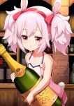  1girl adapted_costume ame. animal_ears azur_lane bare_arms bare_shoulders blush bottle bow brick_wall bunny_ears bunny_girl bunny_tail camisole collarbone commentary_request hair_bow hairband highres indoors laffey_(azur_lane) looking_away object_hug oversized_object parted_lips pink_hair pleated_skirt red_bow red_eyes red_hairband red_skirt short_hair skirt solo tail twintails white_camisole wine_bottle 