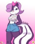  bottomwear clothed clothing female fifi_la_fume fully_clothed fur furboz hair looking_at_viewer mammal mephitid midriff multicolored_fur navel purple_fur purple_hair shirt short_shorts shorts skunk solo tiny_toon_adventures topwear warner_brothers white_fur 