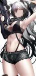 1girl :&lt; absurdres animal_ear_fluff animal_ears arknights arm_up armpits arrow bandeau bare_arms bare_shoulders black_bikini_top black_hair black_scarf black_shorts bow_(weapon) breasts cat_ears cleavage closed_mouth cowboy_shot crop_top crossbow gradient_hair hand_up higandgk highres holding holding_crossbow holding_weapon large_breasts long_hair looking_at_viewer midriff multicolored_hair navel ponytail quiver scarf schwarz_(arknights) scope short_shorts shorts silver_hair simple_background sleeveless solo standing stomach thighs two-tone_hair very_long_hair weapon white_background yellow_eyes 