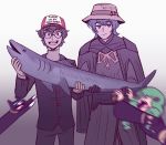  1girl 2boys absurdres amamiya_ren baseball_cap black_eyes black_gloves black_hair blue_eyes blue_hair byleth_(fire_emblem) byleth_(fire_emblem)_(male) cape cat clothes_writing commentary cowboy_shot crossover english_text fire_emblem fire_emblem:_three_houses fish fishing fishing_hook flayn_(fire_emblem) glasses gloves gradient gradient_background green_hair hat highres holding holding_fish looking_at_viewer morgana_(persona_5) motion_blur multiple_boys persona persona_5 photobomb round_teeth scruffyturtles shuujin_academy_uniform smile teeth 