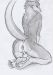  2019 4_toes amon_(deksaebtnac) anthro anus balls blush butt claws erection greyscale horn kneeling male monochrome nirvana3 nude penis perineum raised_tail rear_view sergal simple_background solo toes white_background 