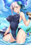 1girl aqua_swimsuit ball beachball blue_eyes blue_sky blue_swimsuit blush breasts cloud competition_swimsuit covered_nipples day eyebrows_visible_through_hair fate/grand_order fate_(series) groin hair_bun highres holding holding_weapon impossible_clothes impossible_swimsuit jet_ski looking_at_viewer miyamoto_musashi_(fate/grand_order) miyamoto_musashi_(swimsuit_berserker)_(fate) multicolored multicolored_clothes multicolored_swimsuit one-piece_swimsuit outdoors palm_tree parted_lips purple_hair rangsiwut_sangwatsharakul sky solo swimsuit toy_sword tree two-tone_swimsuit wading weapon wristband 