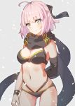  1girl absurdres ahoge ass_visible_through_thighs bare_shoulders bikini black_bikini black_bow black_scarf bow breasts cleavage commentary_request cowboy_shot fate/grand_order fate_(series) gatling033 hair_bow half_updo highleg highleg_bikini highres large_breasts looking_at_viewer navel okita_souji_(fate)_(all) okita_souji_(swimsuit_assassin)_(fate) pink_hair scarf short_hair smile solo standing stomach swimsuit thighs wristband yellow_eyes 