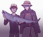  2boys absurdres amamiya_ren baseball_cap black_eyes black_gloves black_hair blue_eyes blue_hair byleth_(fire_emblem) byleth_(fire_emblem)_(male) cape clothes_writing commentary cowboy_shot crossover english_text fire_emblem fire_emblem:_three_houses fish fishing fishing_hook glasses gloves gradient gradient_background hat highres holding holding_fish looking_at_viewer male_focus multiple_boys persona persona_5 round_teeth scruffyturtles shuujin_academy_uniform smile teeth 