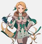  1girl armor blonde_hair boots bow cape fire_emblem fire_emblem:_three_houses fur_trim gloves green_eyes grey_background hair_bow highres ingrid_brandol_galatea pikapika_hoppe scissors short_hair solo 