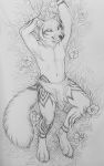  2019 4_toes anthro black_nose canid canine clothing digital_media_(artwork) digitigrade ear_piercing ear_ring fox loincloth looking_at_viewer lying male mammal on_back piercing rukis solo toes traditional_media_(artwork) 